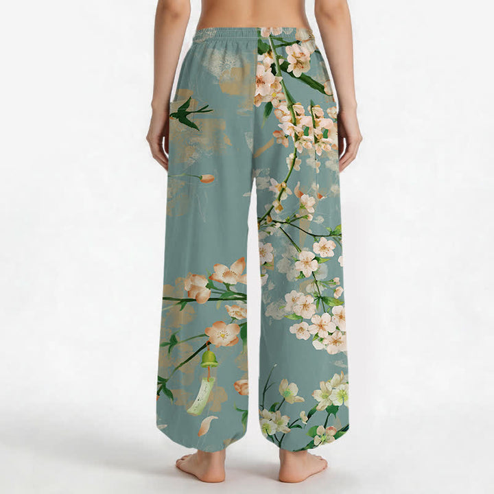 Buddha Stones Cotton Peach Blossoms Flying Birds Pattern Women's Elastic Waist Harem Pants With Side Pockets - image 2