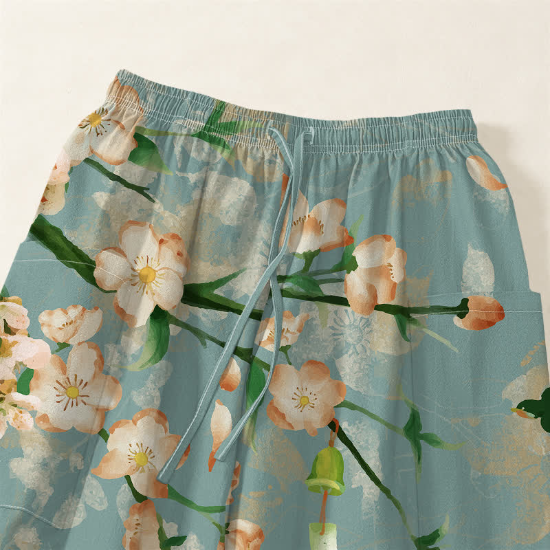 Buddha Stones Cotton Peach Blossoms Flying Birds Pattern Women's Elastic Waist Harem Pants With Side Pockets - image 5