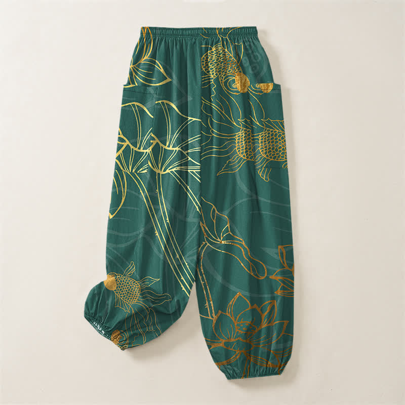Buddha Stones Cotton Golden Lotus Koi Fish Pattern Women's Elastic Waist Harem Pants With Side Pockets - image 4