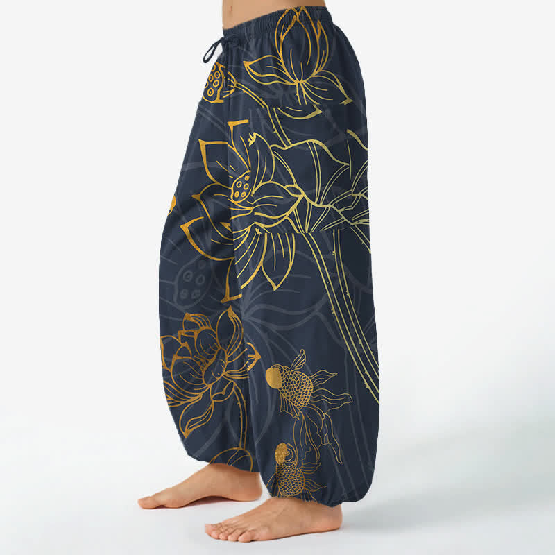 Buddha Stones Cotton Golden Lotus Koi Fish Pattern Women's Elastic Waist Harem Pants With Side Pockets - image 8
