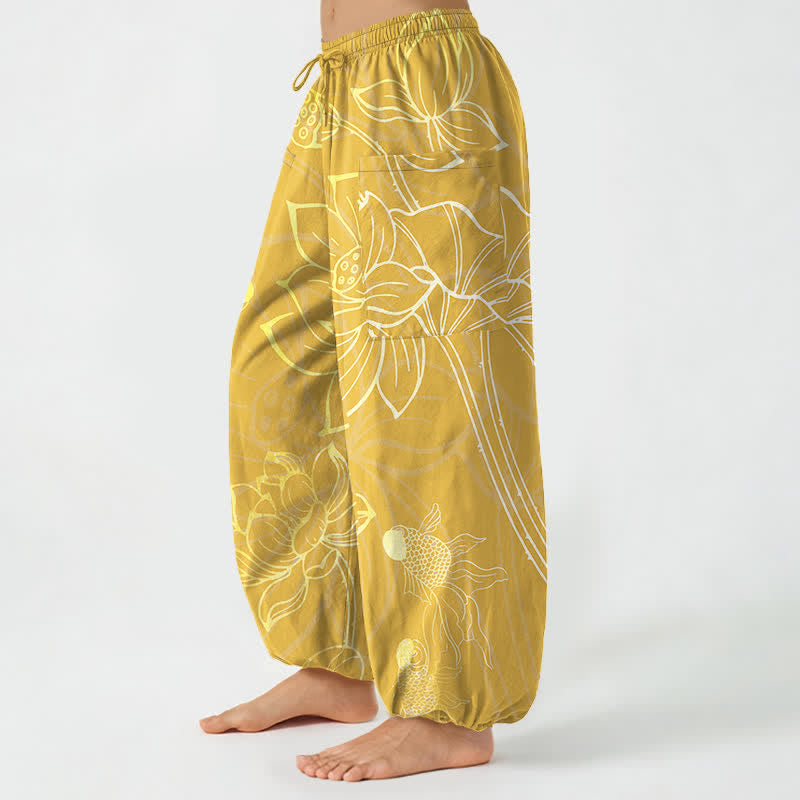 Buddha Stones Cotton Golden Lotus Koi Fish Pattern Women's Elastic Waist Harem Pants With Side Pockets - image 11