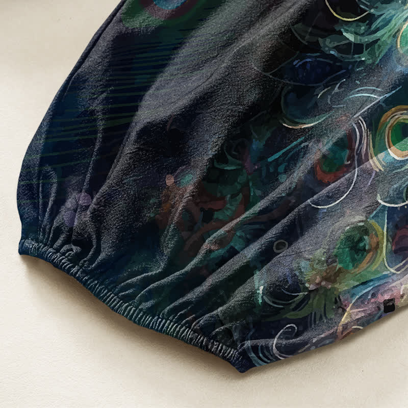 Buddha Stones Cotton White Peacock Feather Pattern Women's Elastic Waist Harem Pants With Side Pockets - image 6