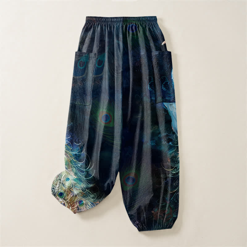 Buddha Stones Cotton White Peacock Feather Pattern Women's Elastic Waist Harem Pants With Side Pockets - image 4