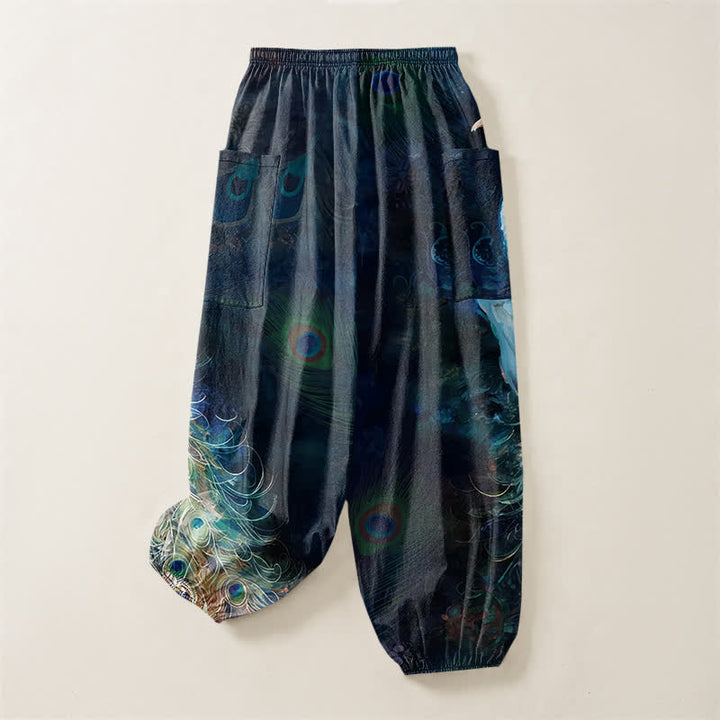 Buddha Stones Cotton White Peacock Feather Pattern Women's Elastic Waist Harem Pants With Side Pockets - image 4