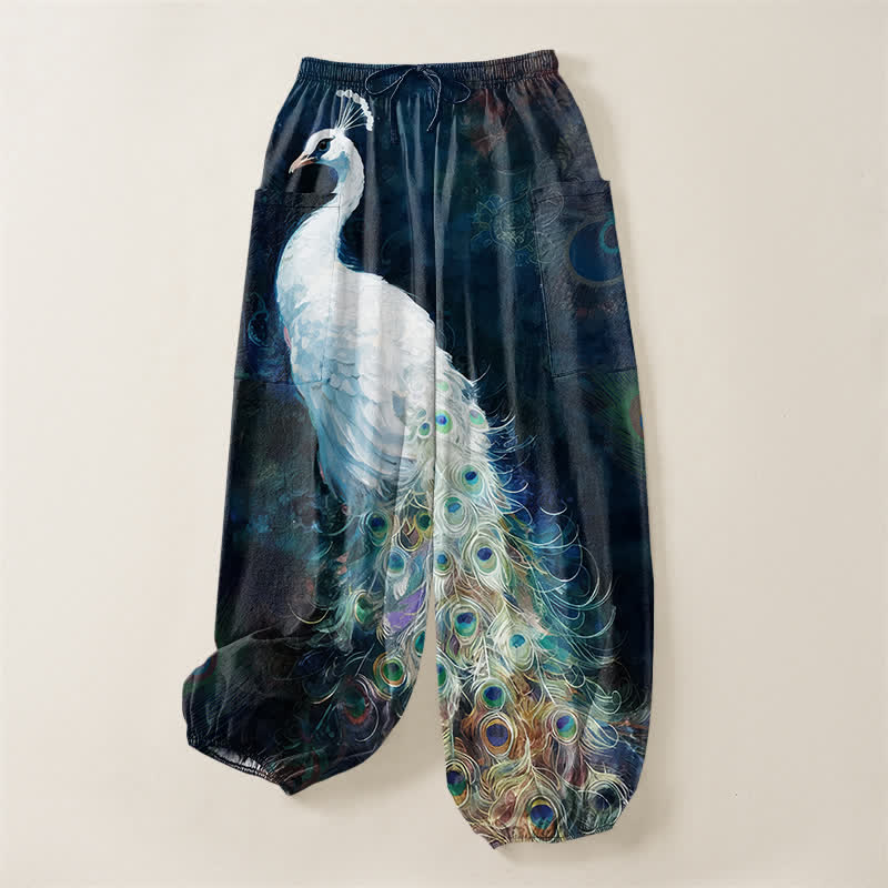 Buddha Stones Cotton White Peacock Feather Pattern Women's Elastic Waist Harem Pants With Side Pockets - image 3