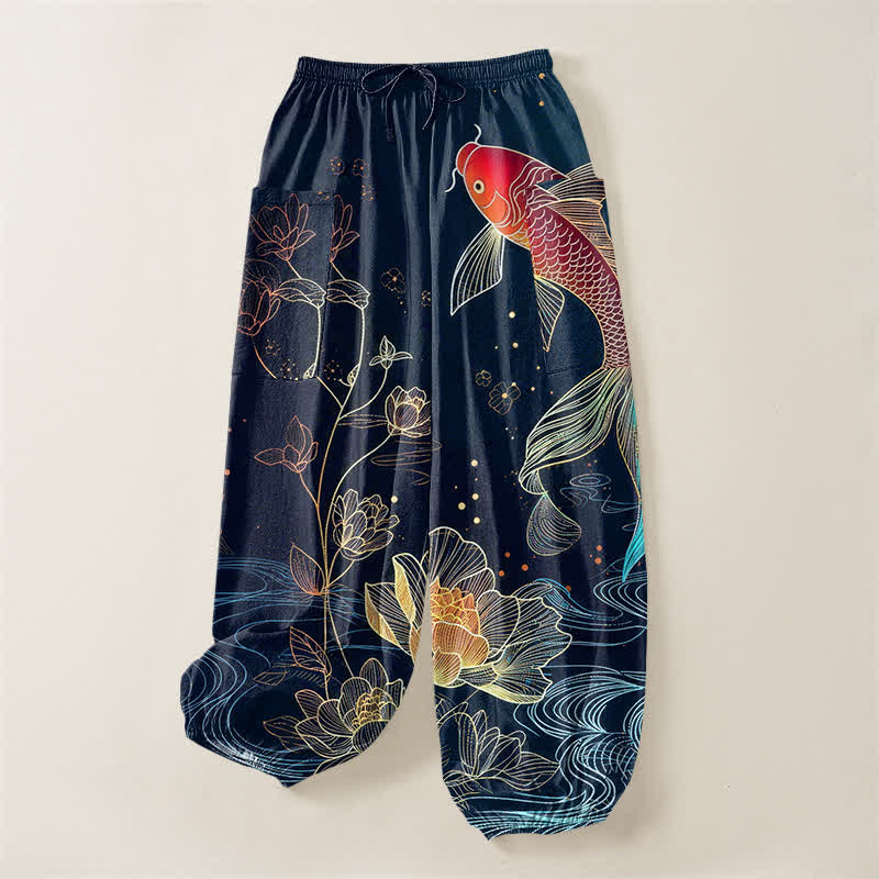 Buddha Stones Cotton Koi Fish Lotus Flowers Pattern Women's Elastic Waist Harem Pants With Side Pockets - image 3