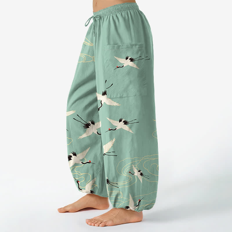 Buddha Stones Cotton Oriental White Crane Cloud Pattern Women's Elastic Waist Harem Pants With Side Pockets - image 11