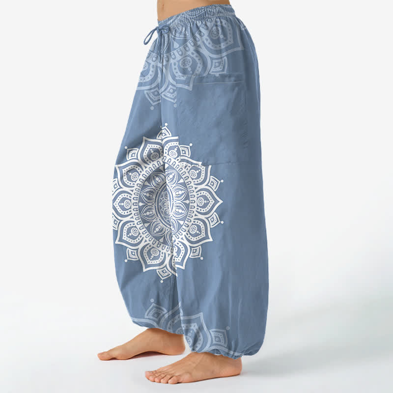 Buddha Stones Cotton Boho White Mandala Pattern Women's Elastic Waist Harem Pants With Side Pockets - image 11