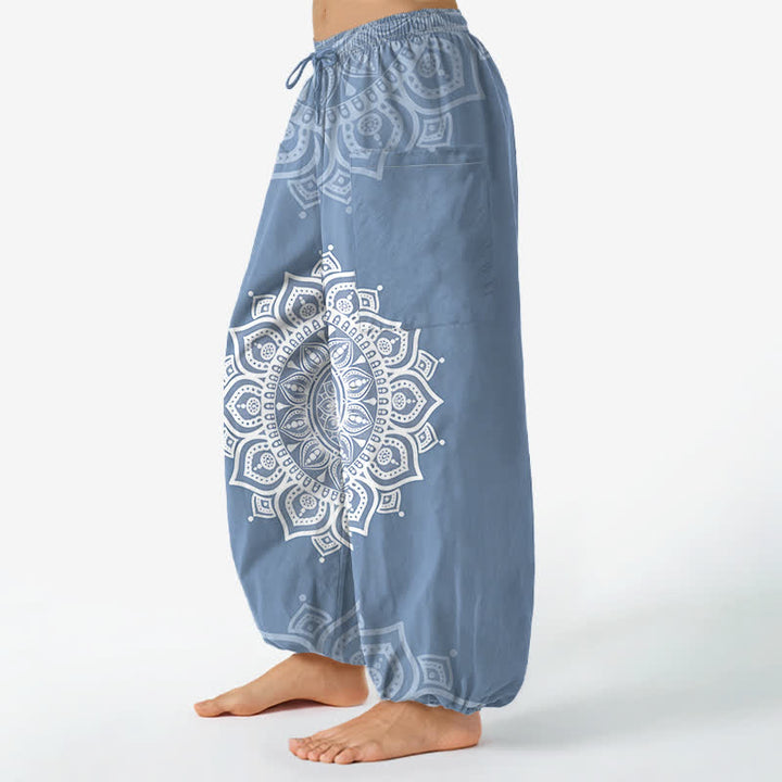 Buddha Stones Cotton Boho White Mandala Pattern Women's Elastic Waist Harem Pants With Side Pockets - image 11