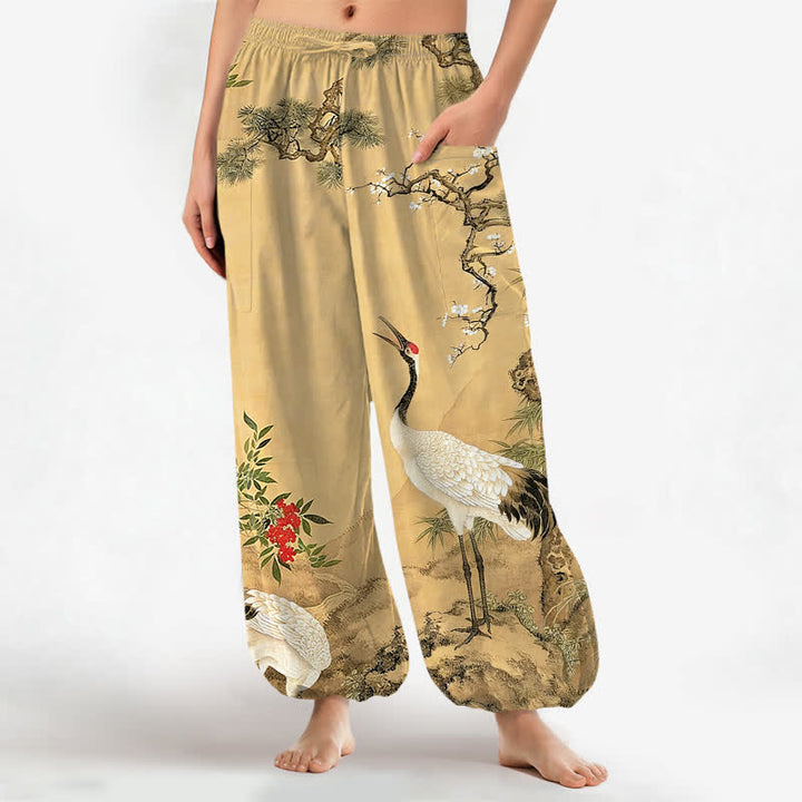 Buddha Stones Cotton Oriental Crane Pine Blossom Pattern Women's Elastic Waist Harem Pants With Side Pockets - PaleGoldenrod - US16，UK/AU20，EU48 (3XL) - image 0