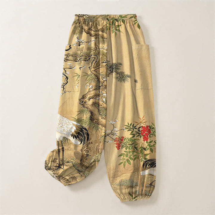 Buddha Stones Cotton Oriental Crane Pine Blossom Pattern Women's Elastic Waist Harem Pants With Side Pockets - image 4