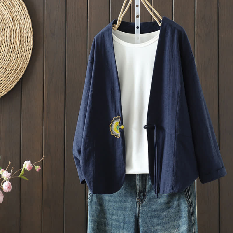 Buddha Stones Spring Summer Casual Minimalist Drawstring Embroidery Solid Women's Long Sleeve Shirts - Navy - US8-10, UK/AU12-14, EU40-42 (2XL) - image 4