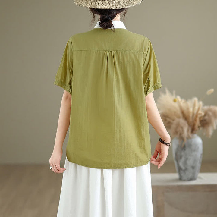 Buddha Stones Summer Casual Minimalist Button-Up Contrast Collar Pleated Women's Short Sleeve Shirts - image 3
