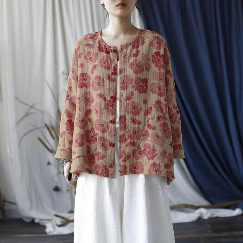 Buddha Stones Spring Elegant Retro Button-Up Pink Floral Women's Jacket With Pocket - image 2