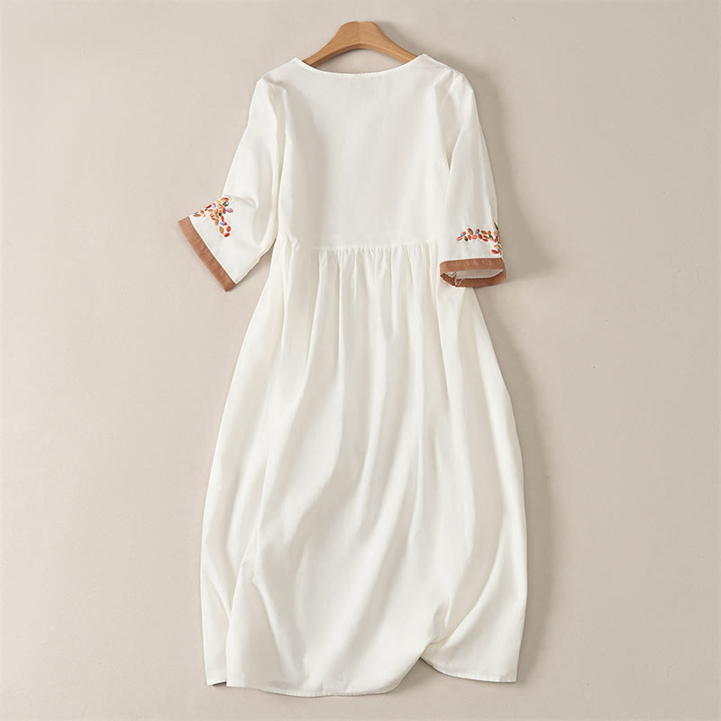 Buddha Stones Spring Ethnic Embroidery Half Sleeve Women's Midi Dress - image 1