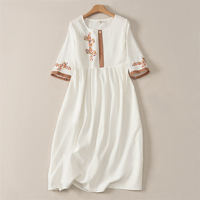 Buddha Stones Spring Ethnic Embroidery Half Sleeve Women's Midi Dress - White - US12，UK/AU16，EU44 (2XL) - image 0