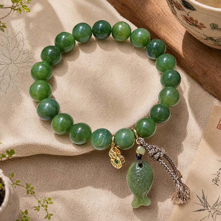 Buddha Stones Natural Cyan Jade Koi Fish Gourd Prosperity Bracelet - Cyan Jade(Wrist Circumference: 6.3–6.7 in / 16–17 cm) - image 0