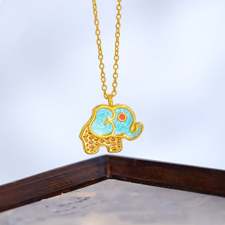Buddha Stones 24K Gold Plated Copper Lucky Elephant Hollow Pendant Necklace - Green - image 1