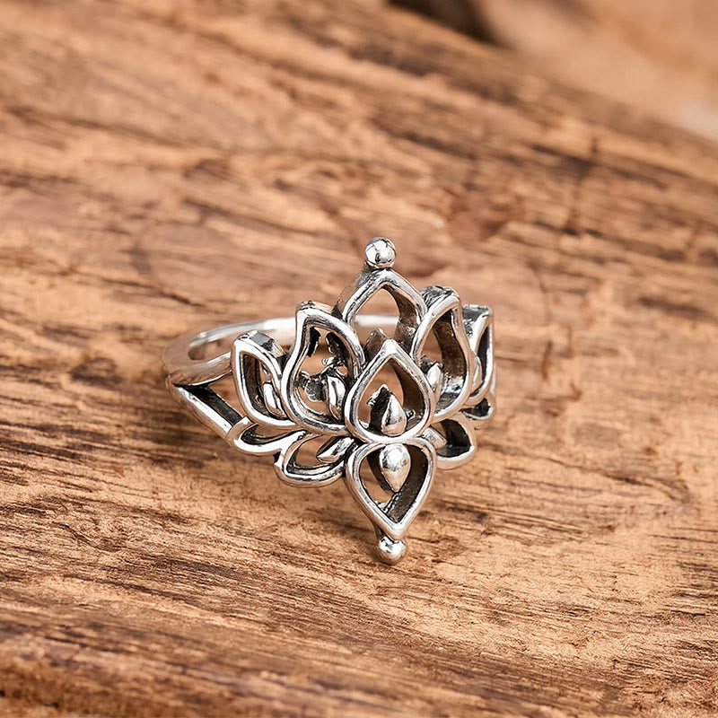 Buddha Stones Vintage Silver Tone Lotus Purity Statement Ring - image 2