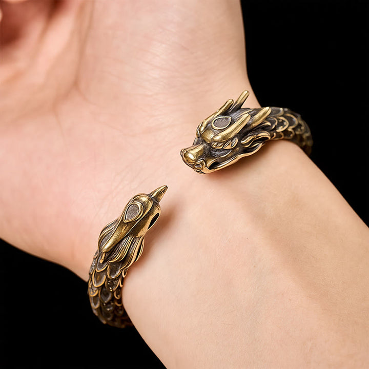 Buddha Stones Antique Brass Dragon and Phoenix Strength Open Cuff Bracelet - image 5