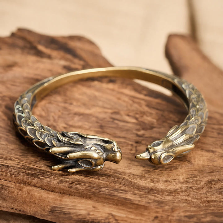 Buddha Stones Antique Brass Dragon and Phoenix Strength Open Cuff Bracelet - image 1