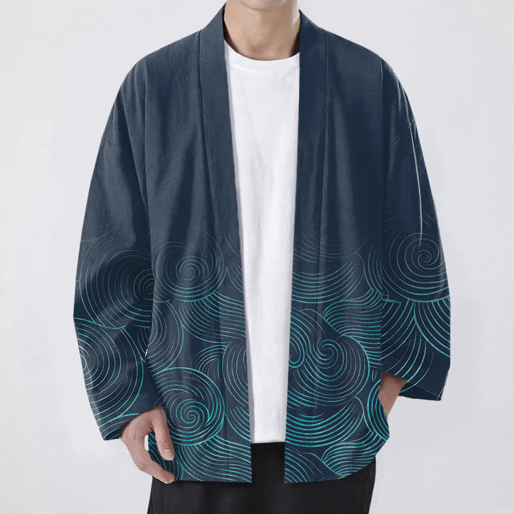 Buddha Stones Cotton Ripple Circle Pattern Open Front Men's Kimono - Navy - US/UK/AU48，EU58 (4XL) - image 6