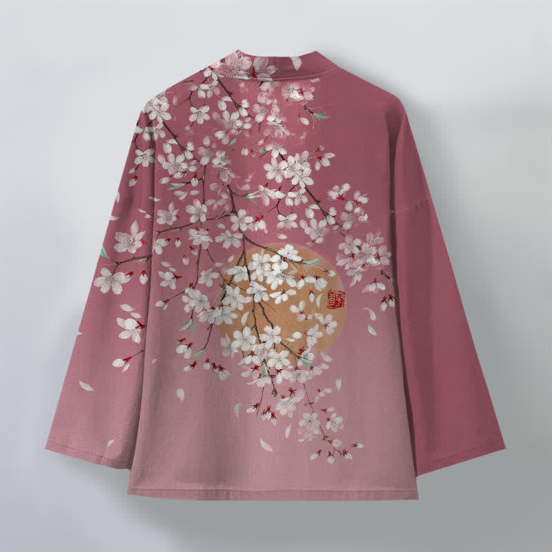 Buddha Stones Cotton White Cherry Blossom Pattern Open Front Men's Kimono - image 2