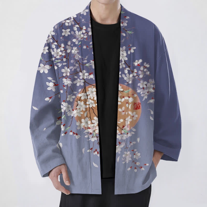 Buddha Stones Cotton White Cherry Blossom Pattern Open Front Men's Kimono - SlateBlue - US/UK/AU48，EU58 (4XL) - image 6