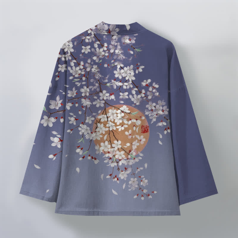 Buddha Stones Cotton White Cherry Blossom Pattern Open Front Men's Kimono - image 8