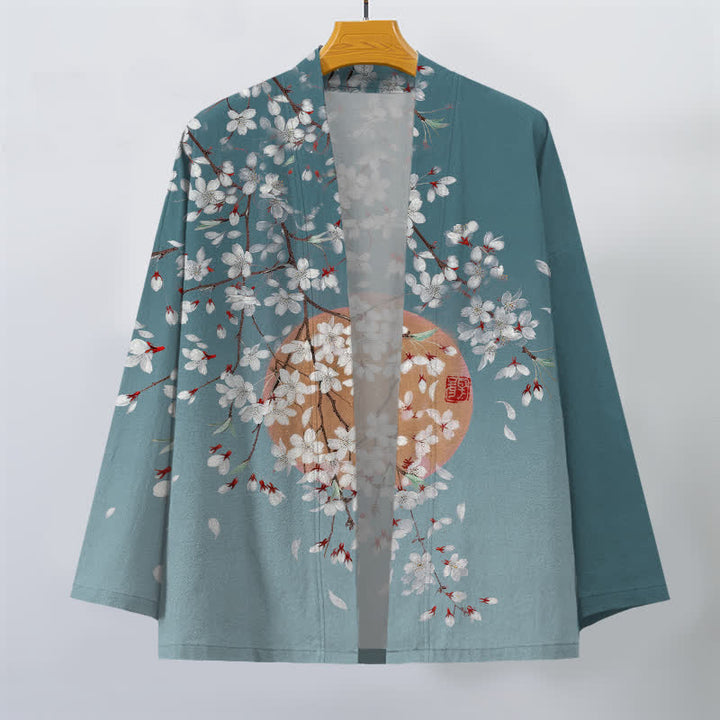 Buddha Stones Cotton White Cherry Blossom Pattern Open Front Men's Kimono - image 10