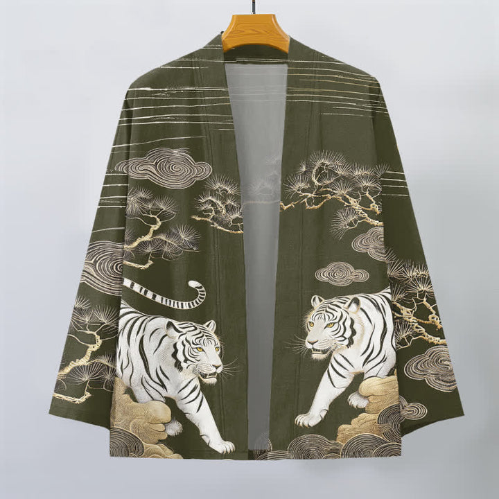 Buddha Stones Cotton White Tiger Cloud Pine Pattern Open Front Men's Kimono - image 1