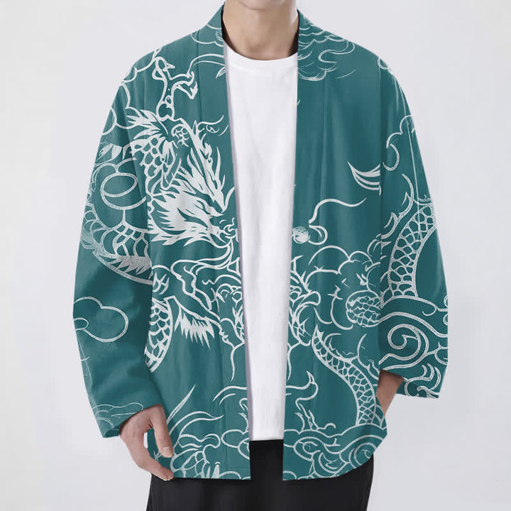 Buddha Stones Cotton Traditional Dragon Cloud Pattern Open Front Men's Kimono - Teal - US/UK/AU48，EU58 (4XL) - image 6