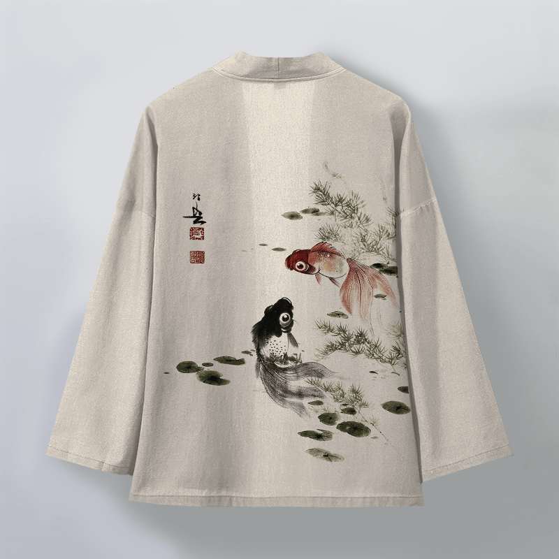 Buddha Stones Cotton Red Black Koi Lotus Pattern Open Front Men's Kimono - image 2