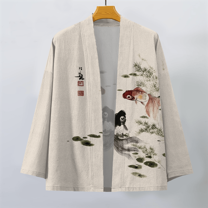 Buddha Stones Cotton Red Black Koi Lotus Pattern Open Front Men's Kimono - image 1