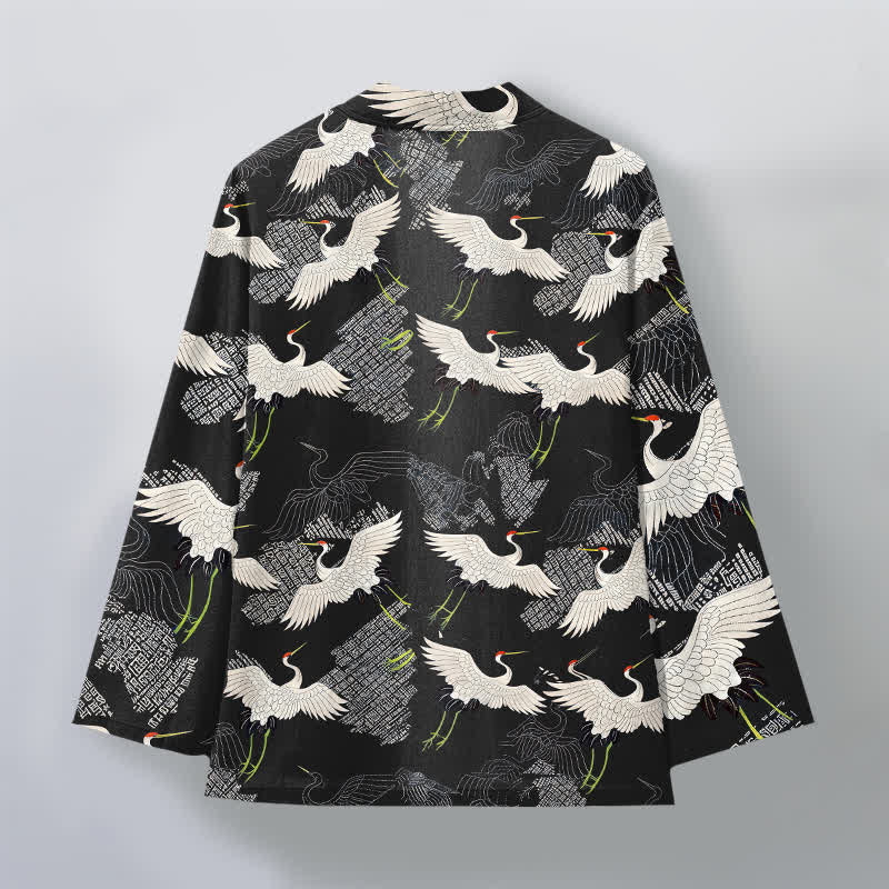 Buddha Stones Cotton White Crane Ripple Pattern Open Front Men's Kimono - image 11