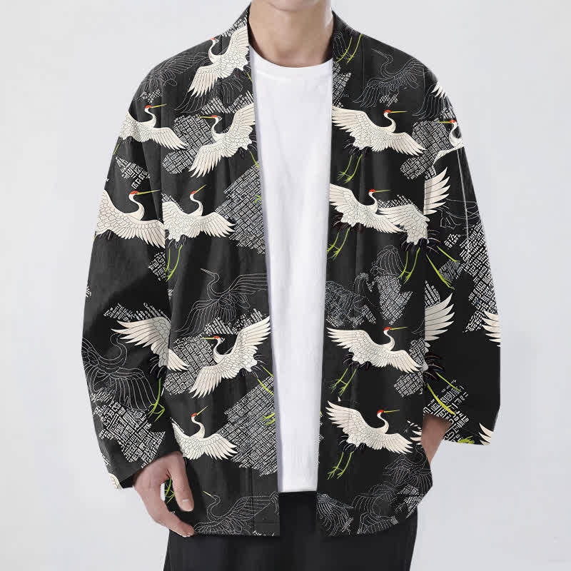 Buddha Stones Cotton White Crane Ripple Pattern Open Front Men's Kimono - Black - US/UK/AU48，EU58 (4XL) - image 9