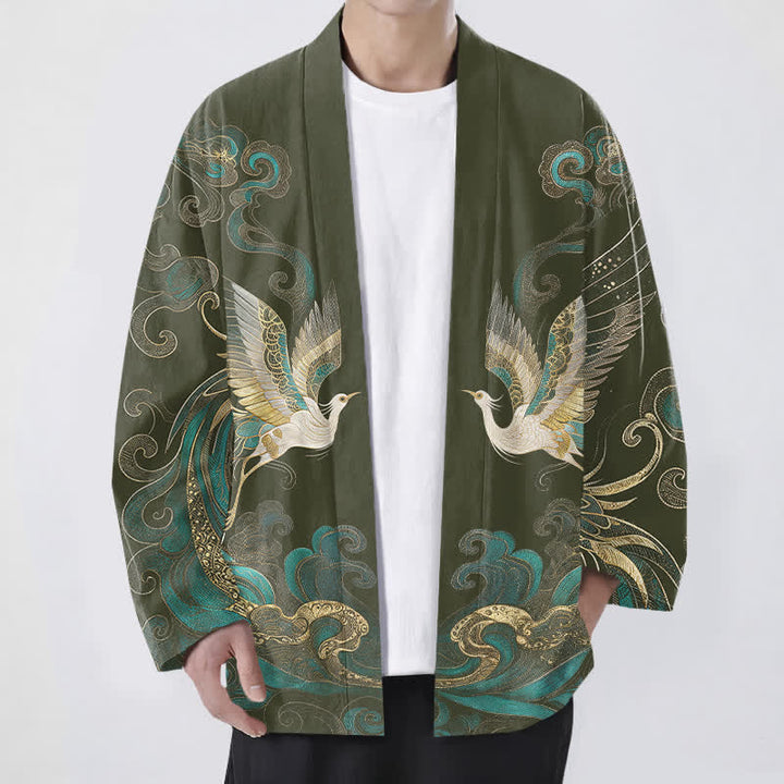 Buddha Stones Cotton Golden Crane Sea Cloud Pattern Open Front Men's Kimono - DarkOliveGreen - US/UK/AU48，EU58 (4XL) - image 0