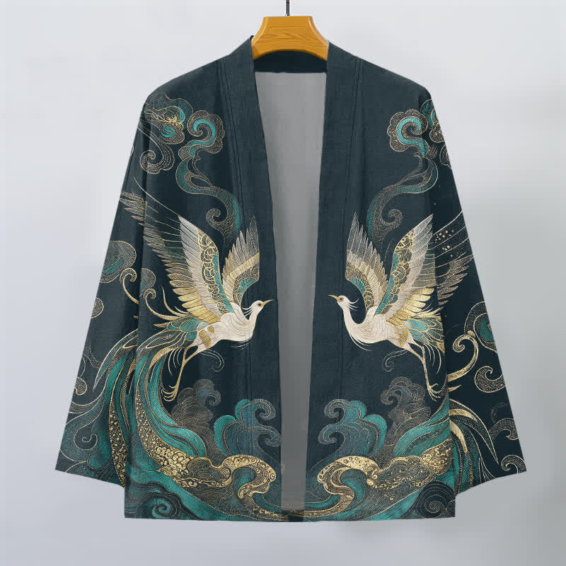 Buddha Stones Cotton Golden Crane Sea Cloud Pattern Open Front Men's Kimono - image 7