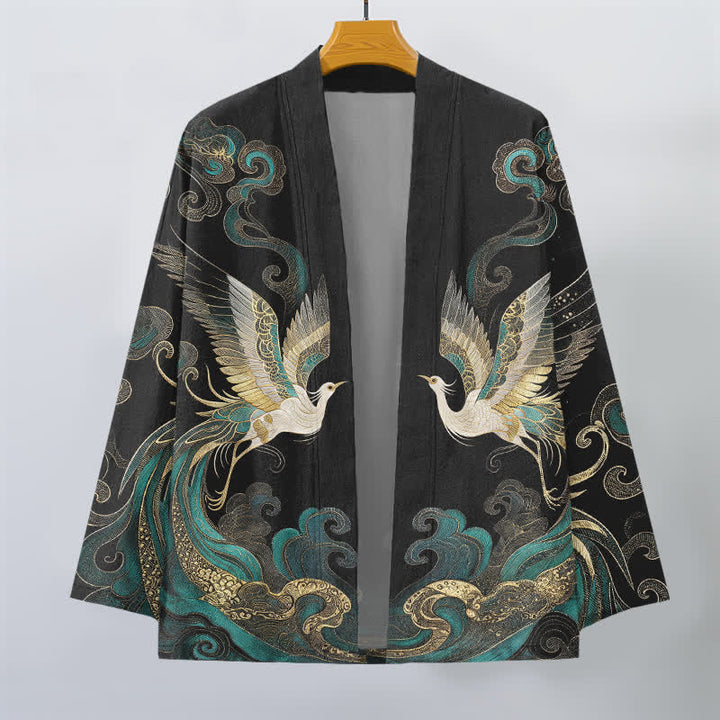 Buddha Stones Cotton Golden Crane Sea Cloud Pattern Open Front Men's Kimono - image 10