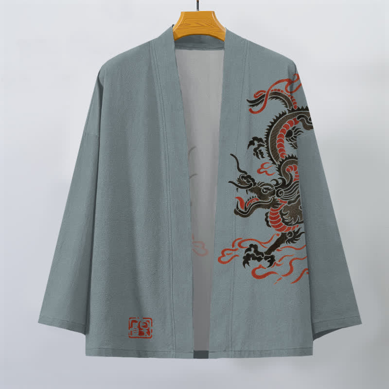 Buddha Stones Cotton Black Red Dragon Pattern Open Front Men's Kimono - image 7