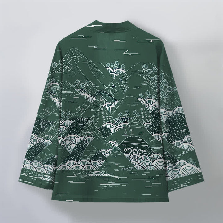 Buddha Stones Cotton Japanese Landscape Waves Pattern Open Front Men's Kimono - image 8