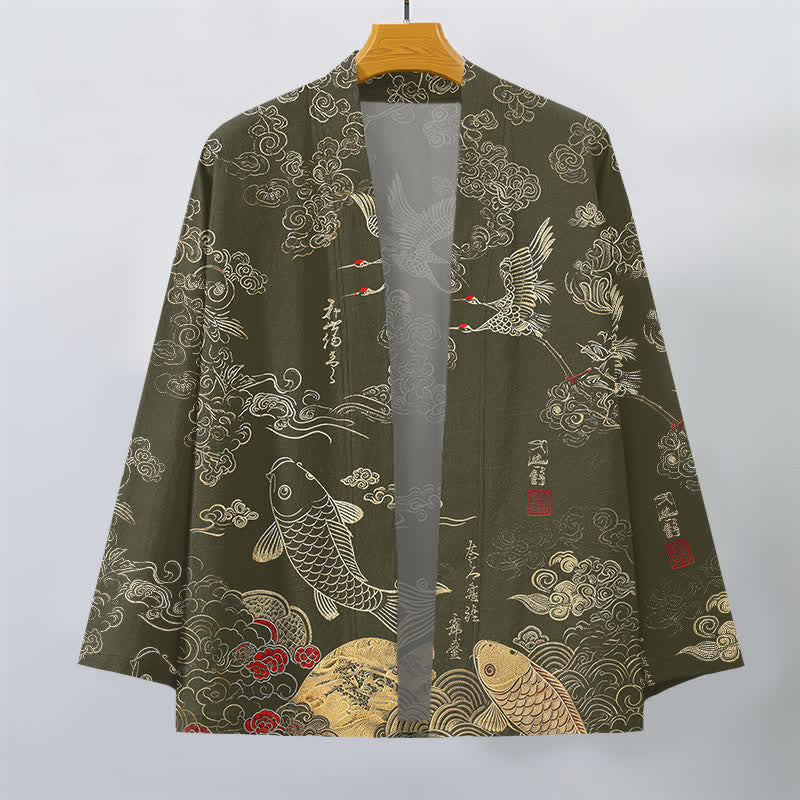 Buddha Stones Cotton Chinese Crane And Koi Fish Pattern Open Front Men's Kimono - image 10