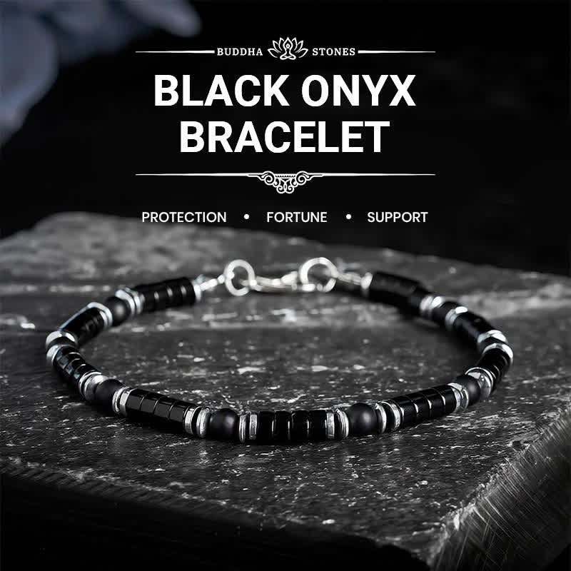 Buddha Stones Black Onyx Cylindrical Frosted Spacer Bead Protection Bracelet - Without Extender Chain (Wrist Circumference: 6.3–7.1 in / 16–18 cm) - image 0