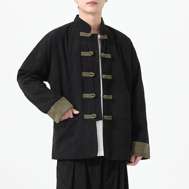 Buddha Stones Fall Winter Casual Tang Style Frog Button Solid Men's Jackets With Pockets - image 8