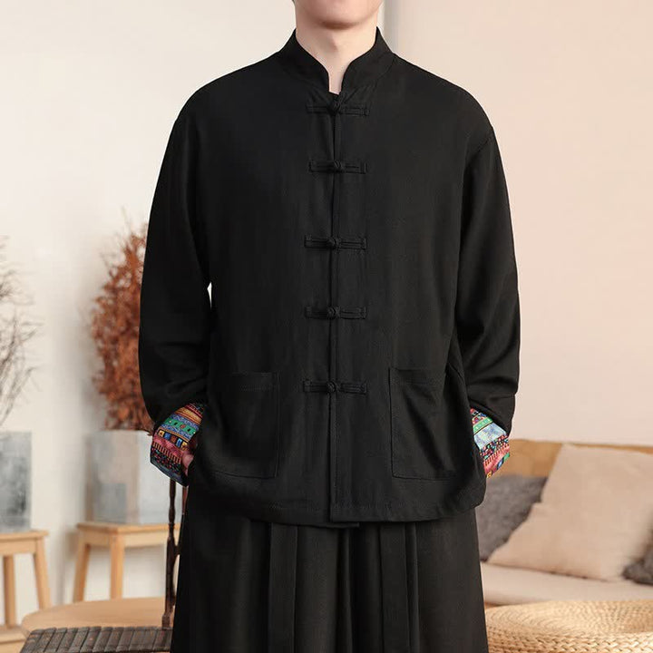 Buddha Stones Fall Winter Casual Tang Style Frog Button Mandarin Collar Solid Men's Jackets With Pockets - Black - US/UK/AU46，EU56 (5XL) - image 3