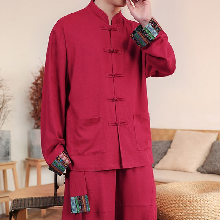 Buddha Stones Fall Winter Casual Tang Style Frog Button Mandarin Collar Solid Men's Jackets With Pockets - image 12