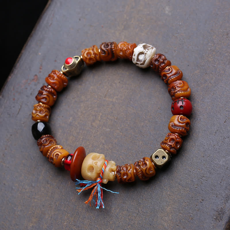 Buddha Stones Tibetan Hand Carved Bone Bead Lord of the Corpse Forest Protection Bracelet - 5.9–6.3 in / 15–16 cm - image 0