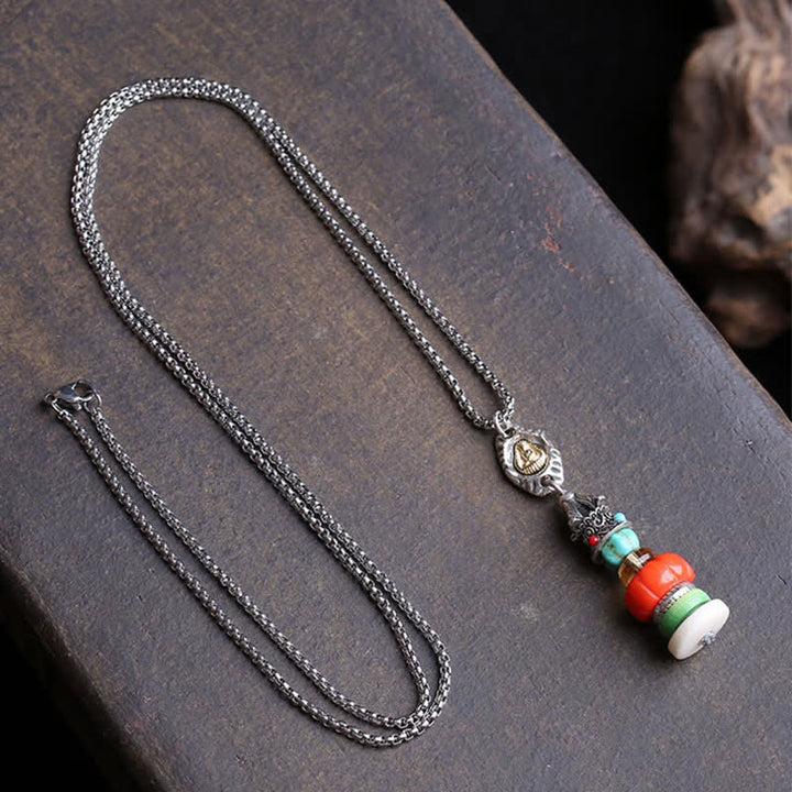 Buddha Stones Tibetan Mani Stone Heap Design Formless Buddha Titanium Steel Multicolor Beaded Protection Necklace - image 1