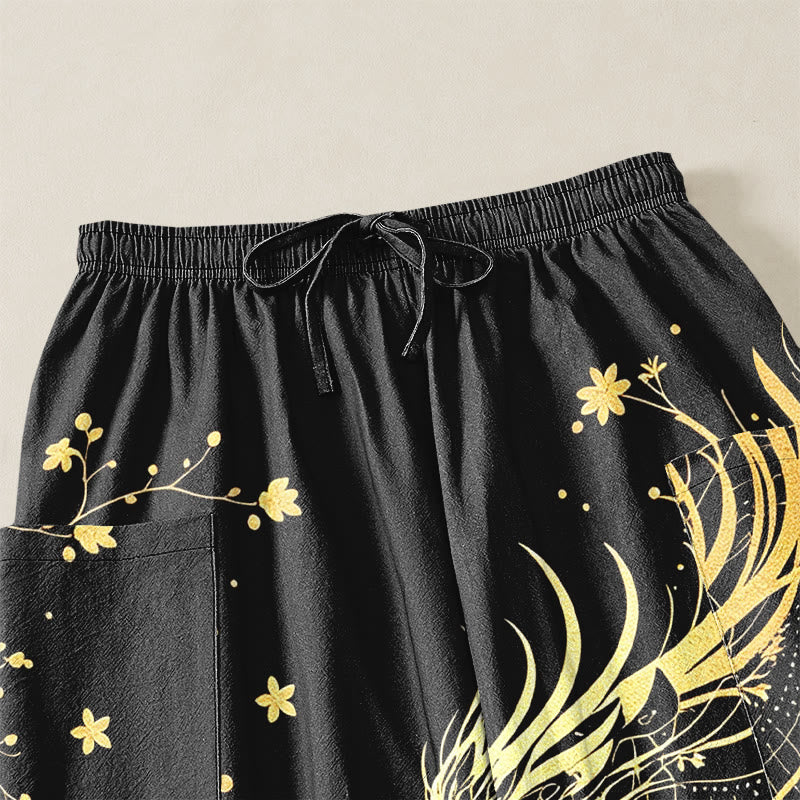 Buddha Stones Cotton Golden Dragon Swirl Floral Pattern Women's Elastic Waist Harem Pants With Side Pockets - image 5