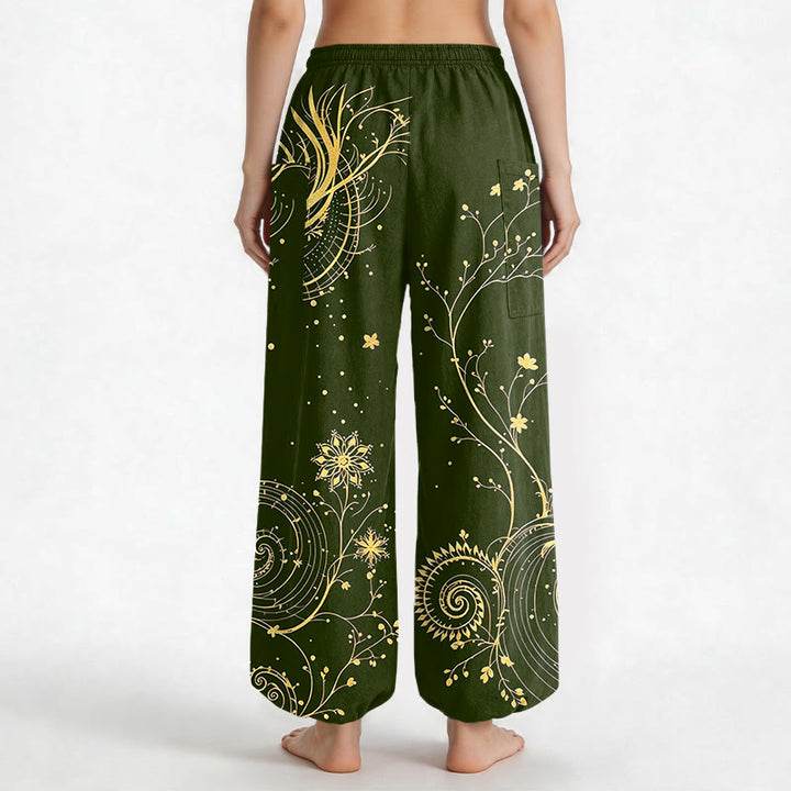Buddha Stones Cotton Golden Dragon Swirl Floral Pattern Women's Elastic Waist Harem Pants With Side Pockets - image 12